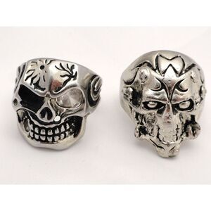 2- Large Devil Skull Men Rings sz. 12 Solid Steel Cast Biker Gothic‎ Grunge EUC